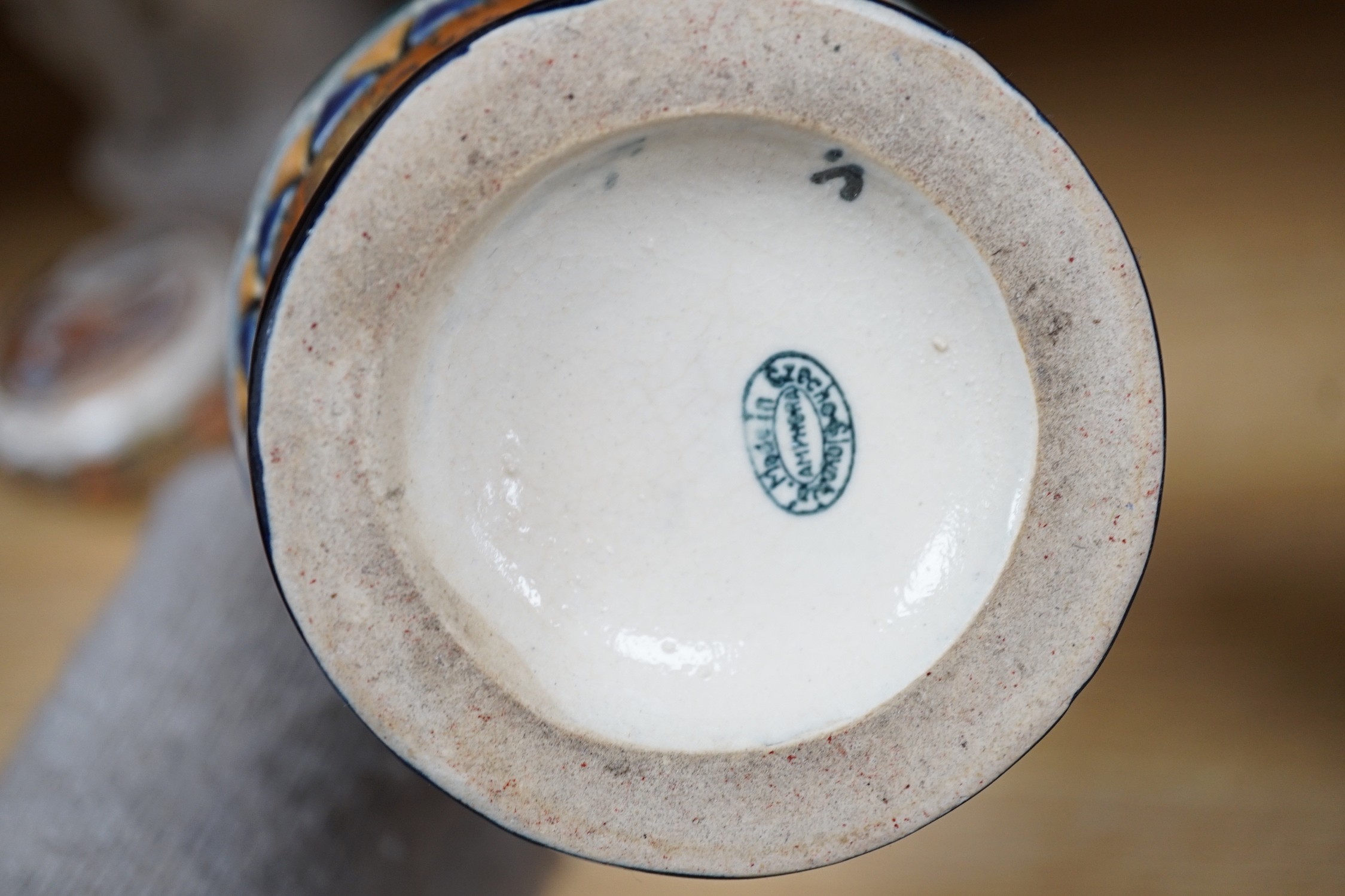 A pair of Victorian Staffordshire flat backs, a pair of amphora vases, Japanese satsuma box and cover etc.